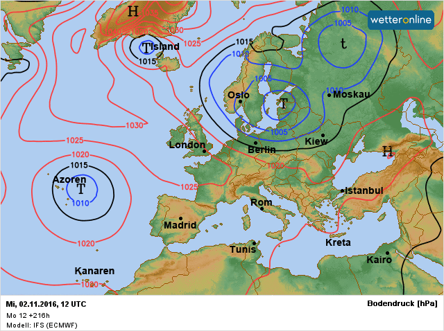 de verwachte weerkaart voor volgende week woensdag 2 november volgens ECMWF.