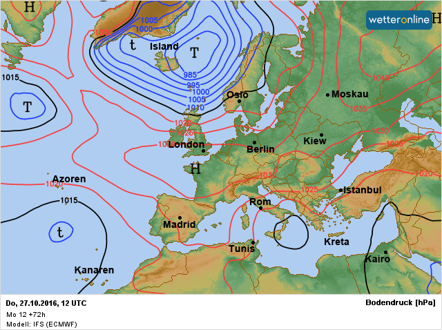 de verwachte weerkaart voor donderdag 27 oktober volgens ECMWF. 