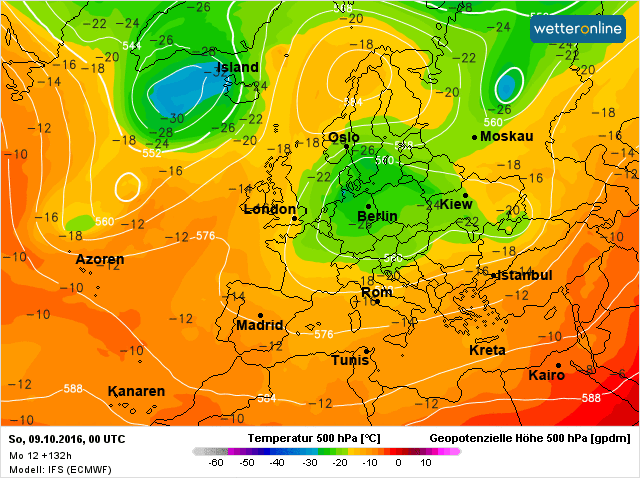 de hoogtekaart (500 hPa-vlak) voor komend weekend met daarop ingetekend het hoogtelaag.