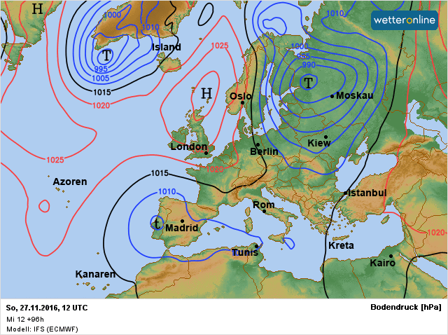 de verwachte weerkaart volgens ECMWF voor zondag