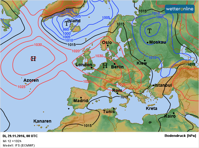 de verwachte weerkaart volgens ECMWF voor dinsdag