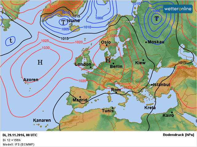 de verwachte weerkaart voor volgende week dinsdag volgens ECMWF.