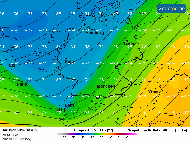 de verwachte temperaturen op het 500 hPa-vlak voor aanstaande zondag volgens GFS.
