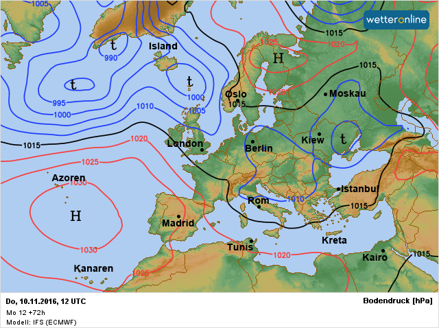 de weerkaart voor donderdag. We zitten tussen de diverse weersystemen in. Bron: ECMWF.