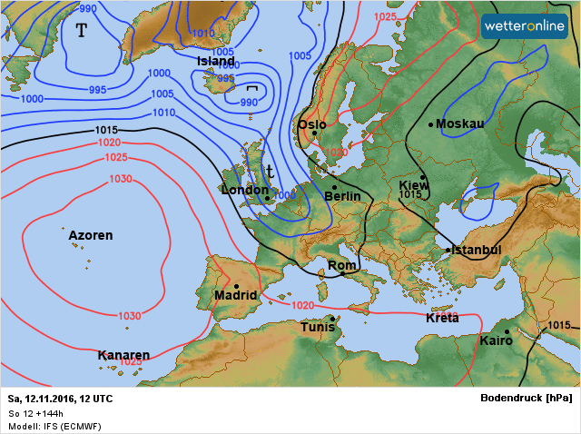 de verwachte weerkaart voor zaterdag 12 november volgens ECMWF.