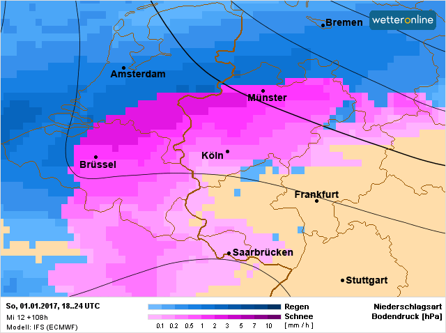 in de nacht naar maandag is er in de zuidoostelijke helft en zeker in de Ardennen en Hoge Venen sneeuw mogelijk. Bron: ECMWF. 