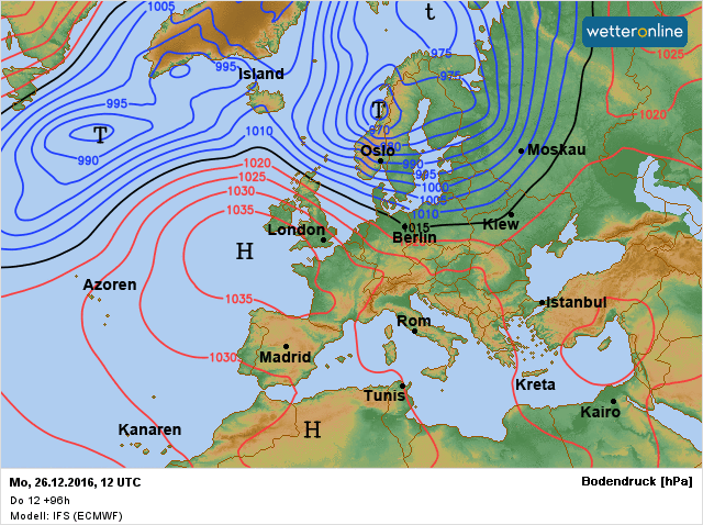 de verwachte weerkaart voor aanstaande maandag, 2e Kerstdag volgens ECMWF.