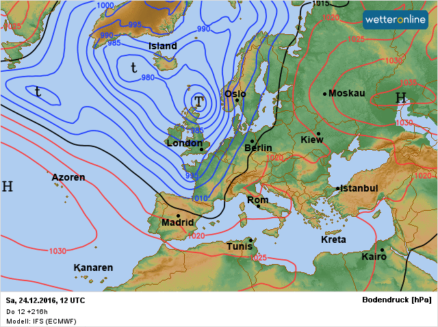 de verwachte weerkaart voor volgende week zaterdag, 24 december, volgens ECMWF.