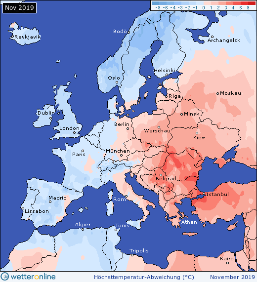 Afwijking temperatuur Europa november 2019